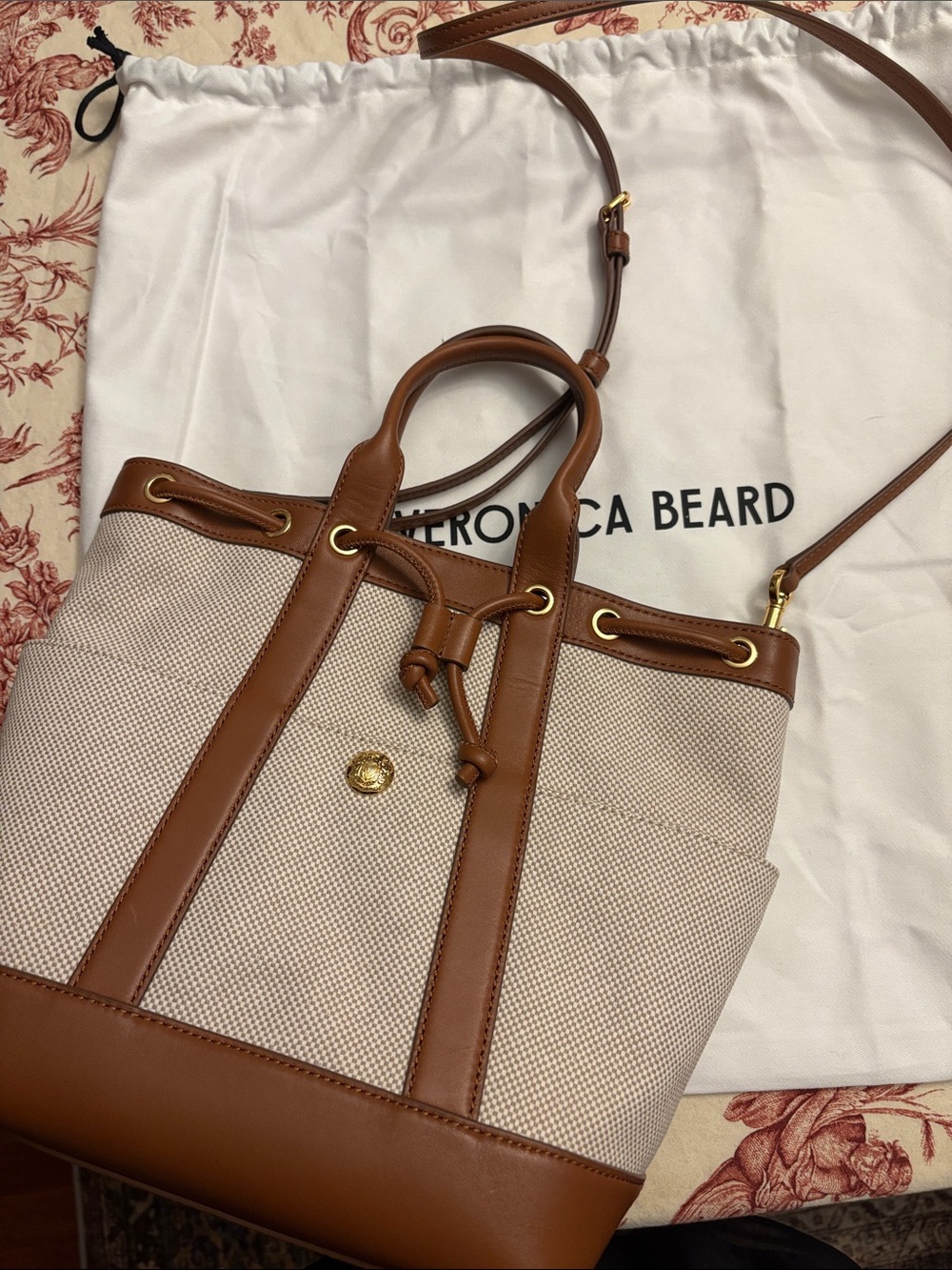 Veronica Beard Cream Canvas and Tan Leather Drawstring Tote